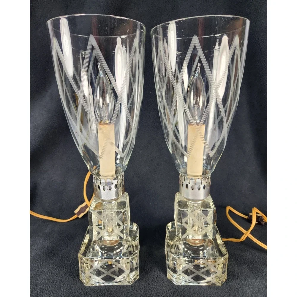 STUNNING 1940s Boudoir Hurricane‎ Lamps Pair Crystal Stacked Cube Diamond Etched